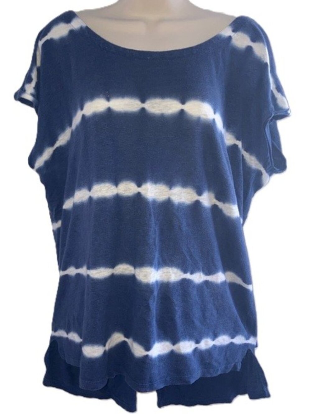 DEX Oversized Relaxed Blue and White Tie-Dye Boatneck Back Slit Women's Medium